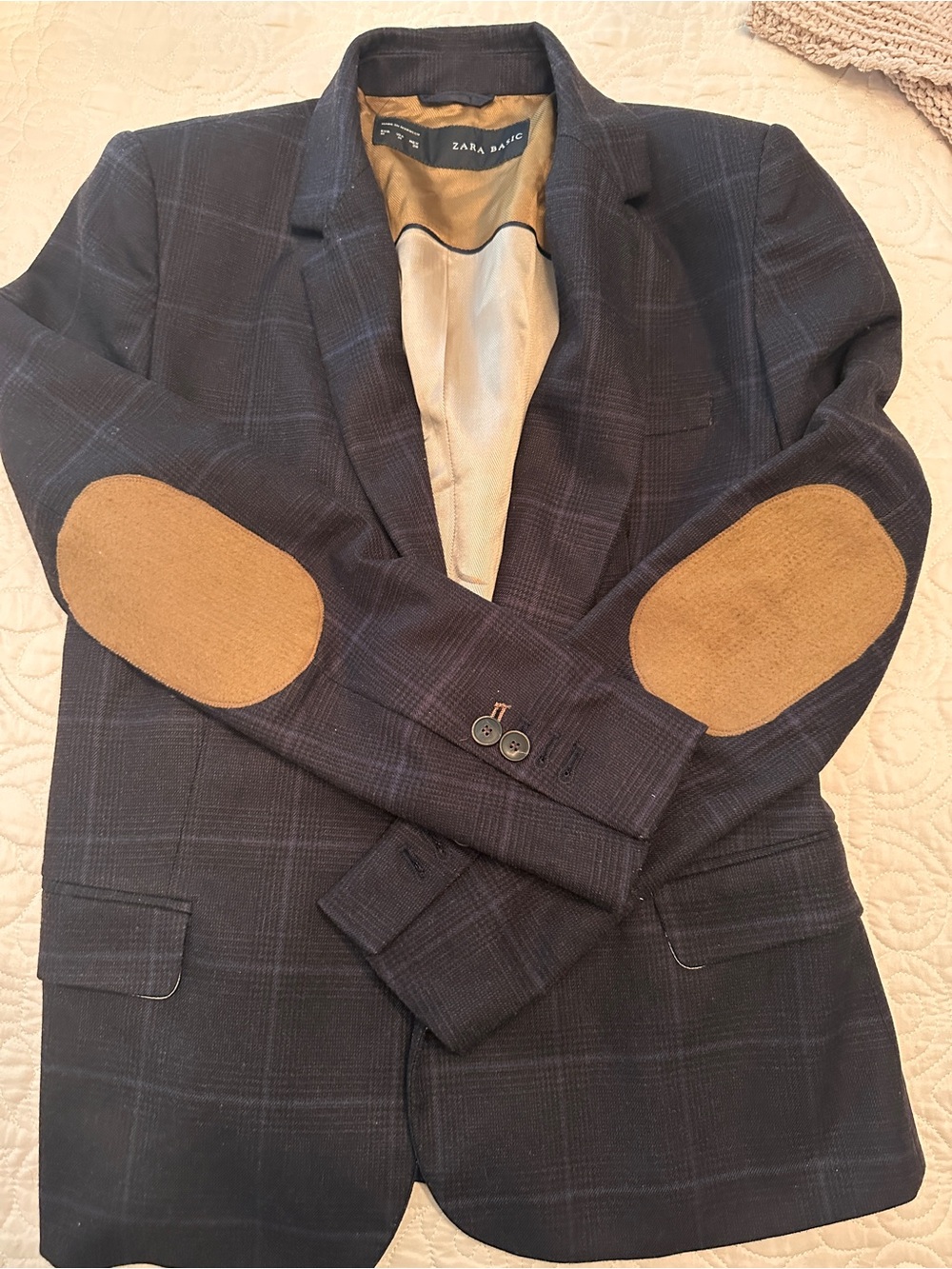 Zara Dark Navy Plaid Blazer with Tan Elbow Patches
